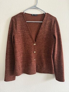 5 for $10 Zara size M Burnt Orange brown V-Neck Knit cardigan cute gold buttons
